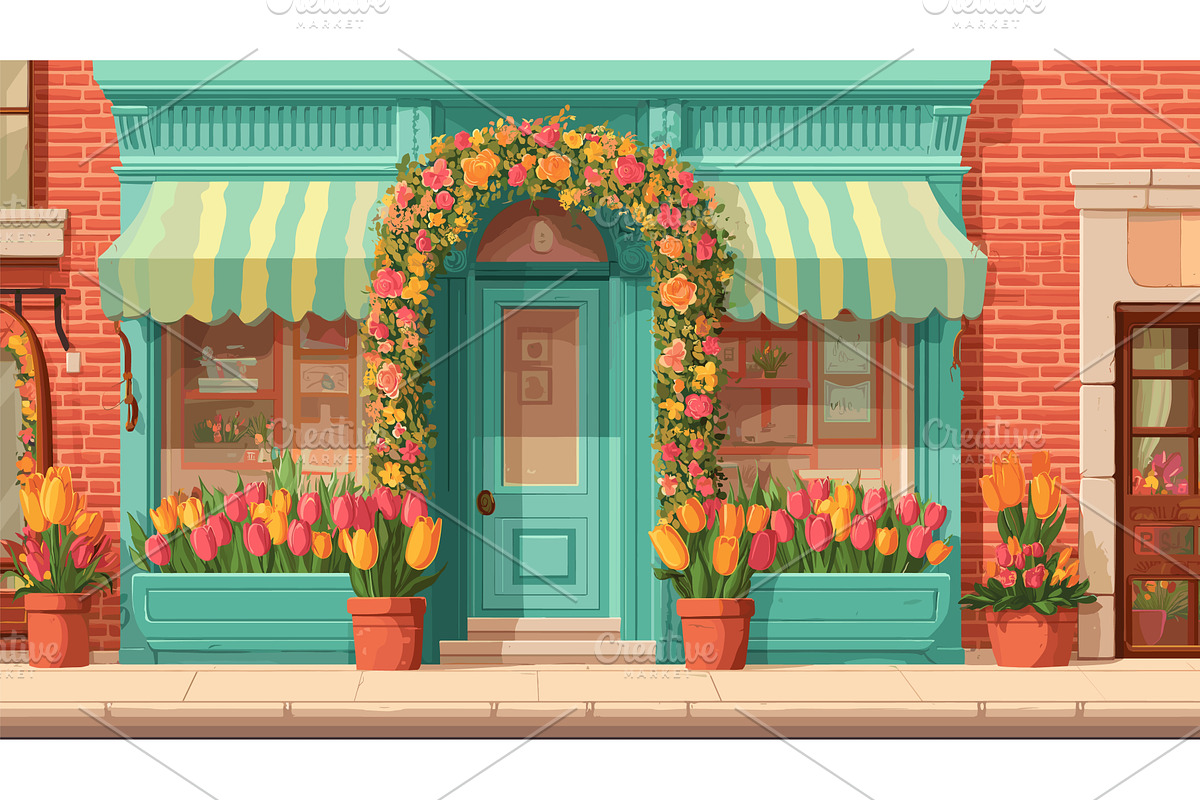 Flower shop facade. Turquoise, an Object Illustration by Stock-Smart-Start