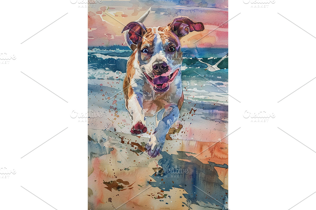 Happy Dog Running on Beach at Sunset, an Animal Illustration by Art Paradise Studios