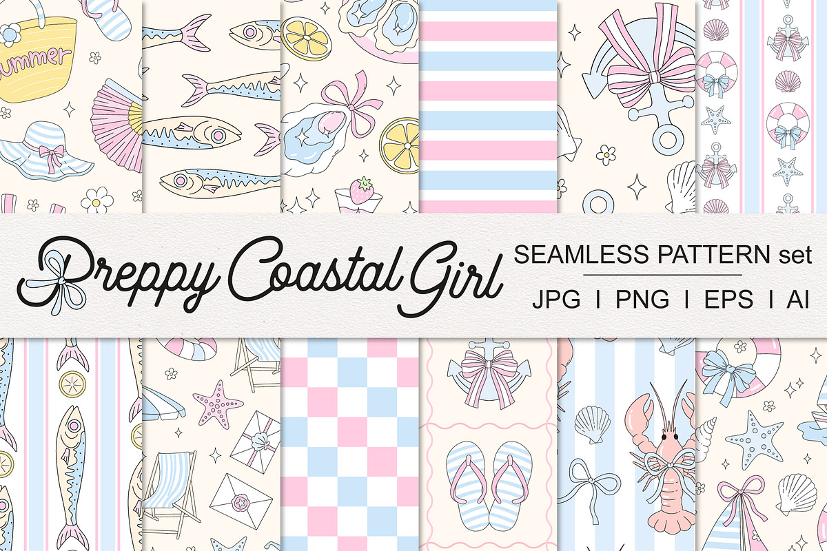 Preppy Coastal Girl seamless pattern, a Pattern Graphic by @olga.angelloz (Photo 1 of 3)