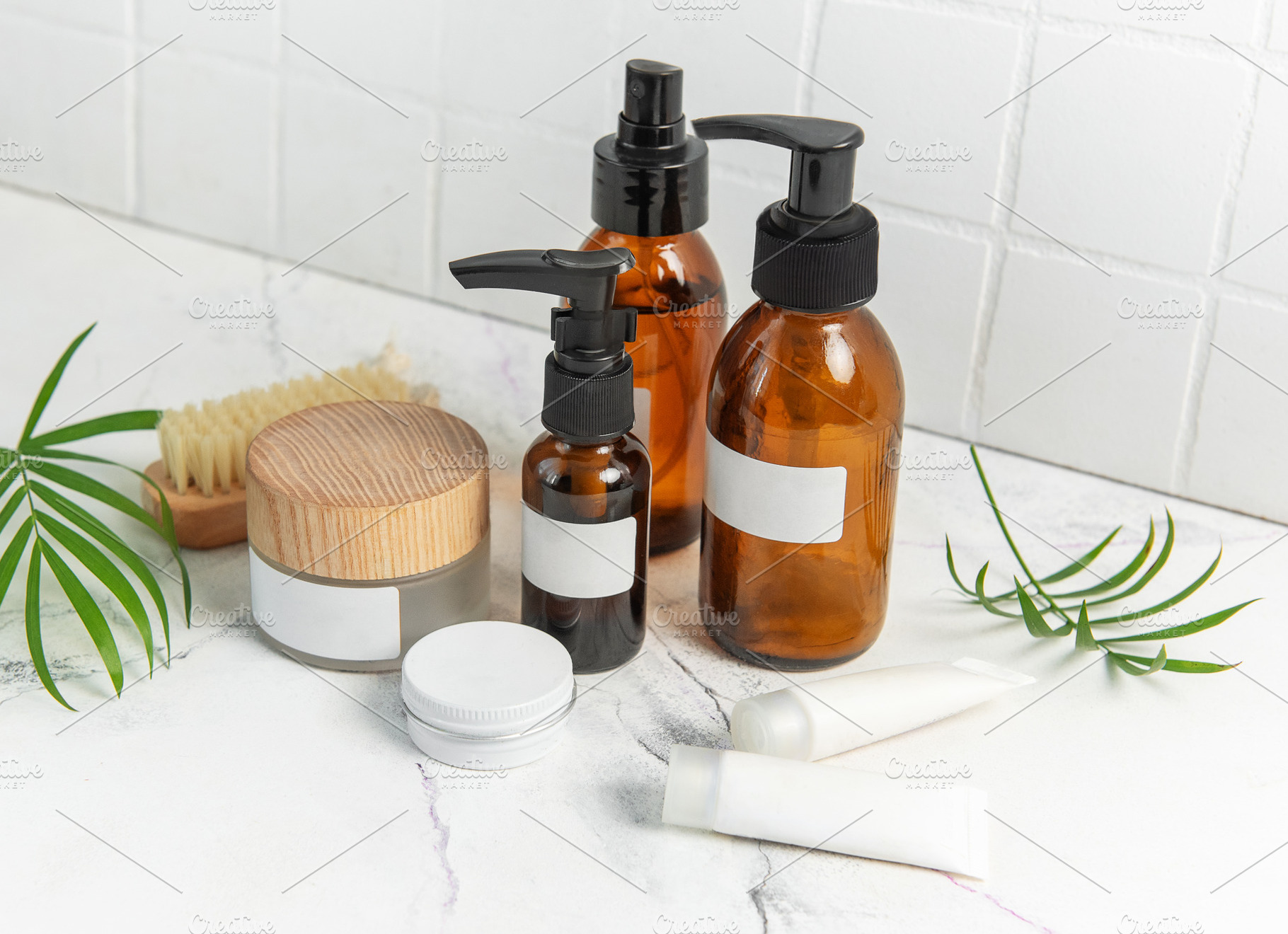 Skincare beauty products on marble with plant leaves, a Beauty & Fashion Photo by Olena Rudo