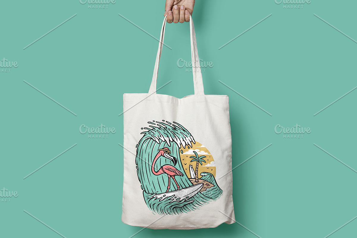 cute flamingo surfing the sea, an Animal Illustration by gunaonedesign (Photo 5 of 6)