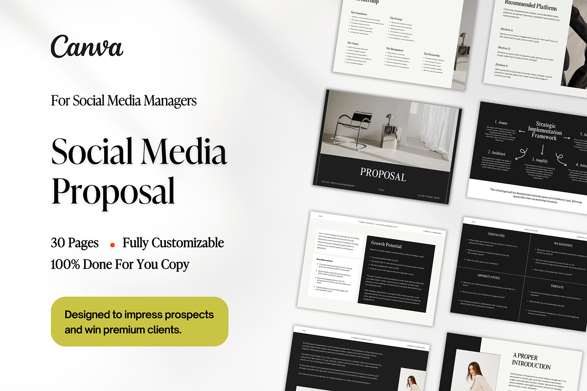 Social Media Management Proposal Template | 30-Page Canva Design