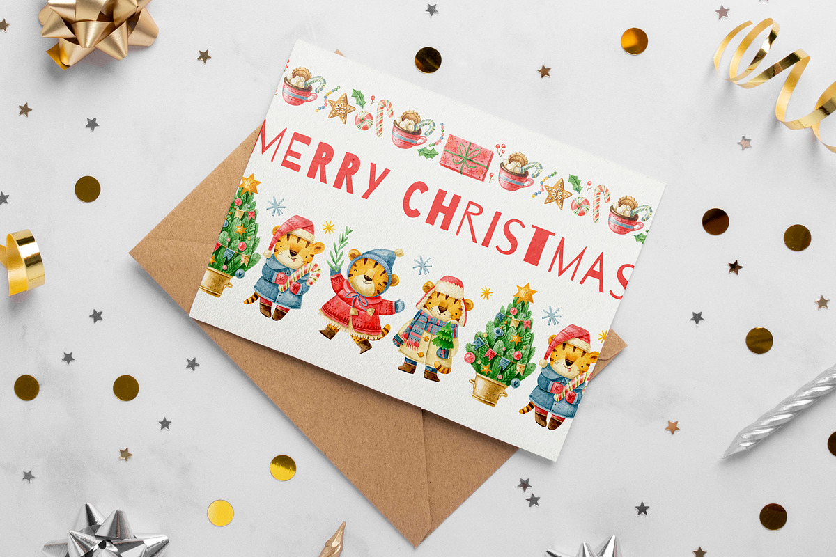 Christmas tigers. New Year cute set., an Animal Illustration by babenkoirusa (Photo 15 of 17)
