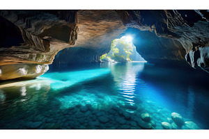 Sunlit cave with crystal-clear blue, a Nature Photo by Igor Tichonow
