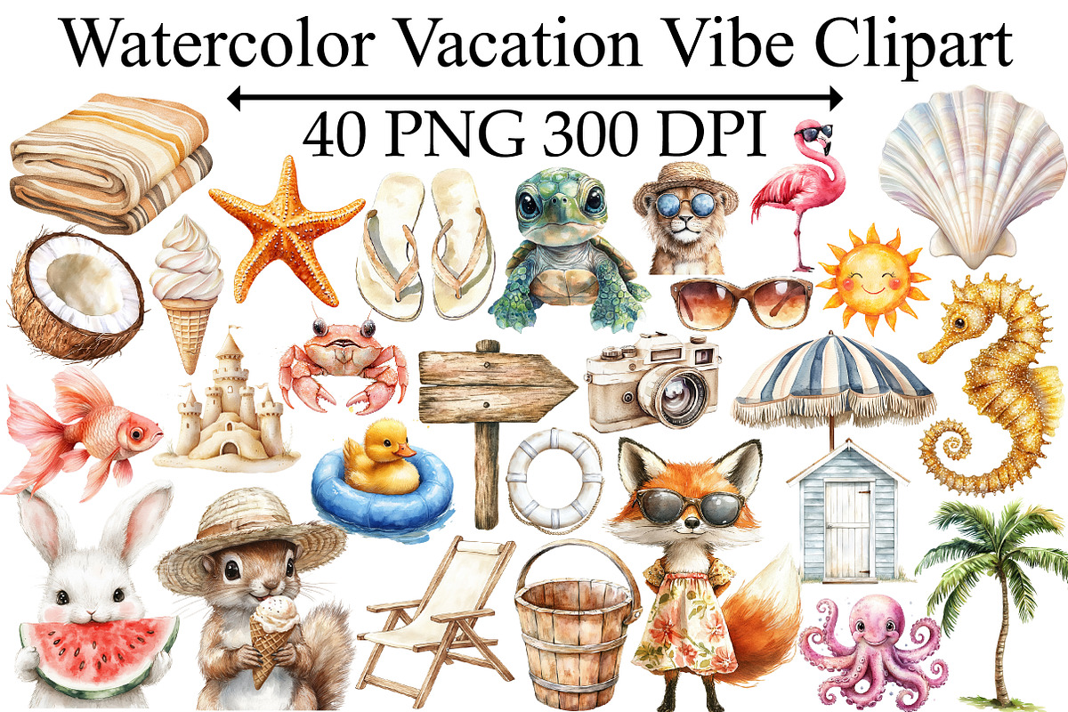 Watercolor Vacation Vibe Clipart, an Illustration by Design Market (Photo 1 of 5)