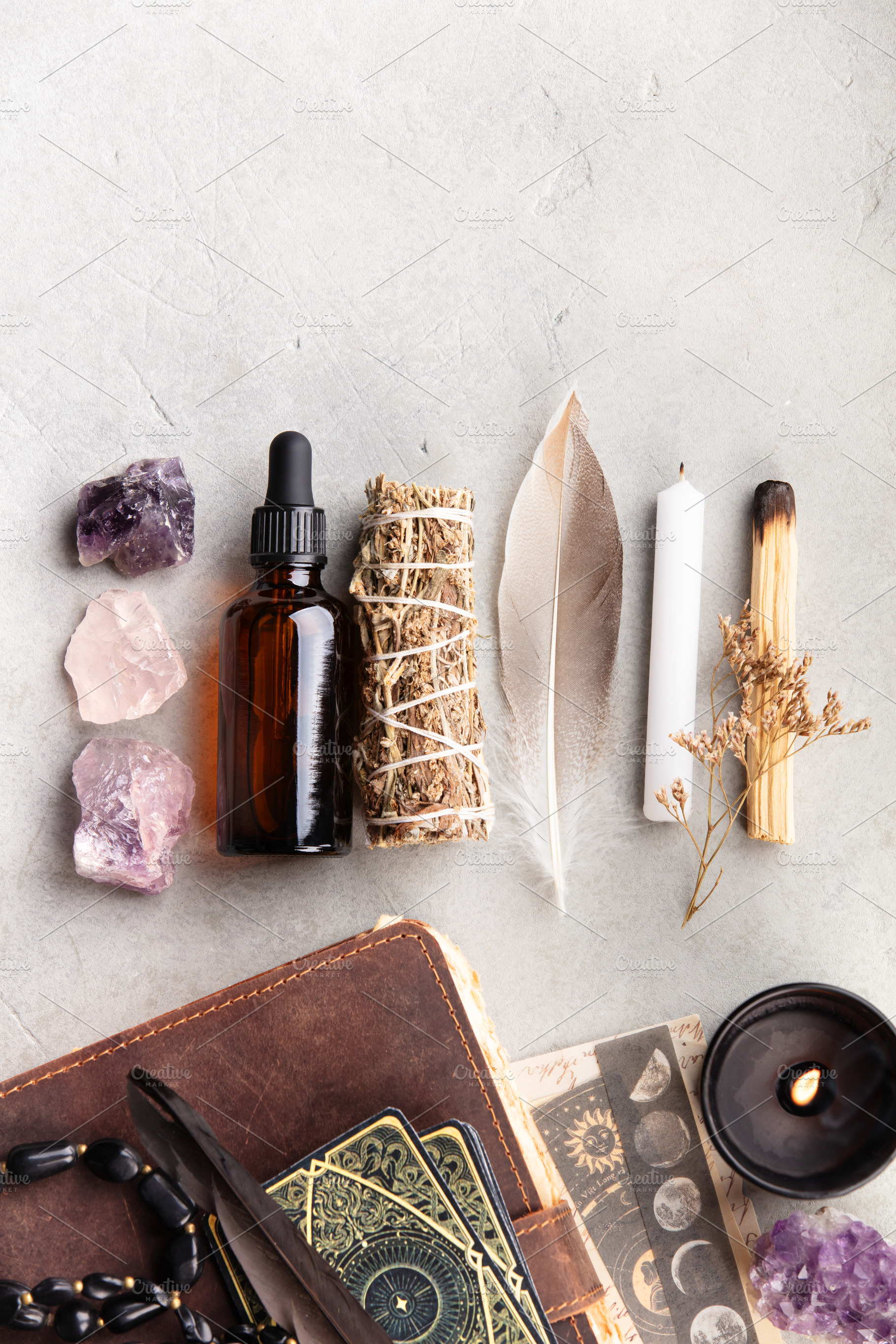 Mystical Ritual Essentials with Crystals, Tarot, and Candle, a Health & Medical Photo by Natalia Klenova's Shop