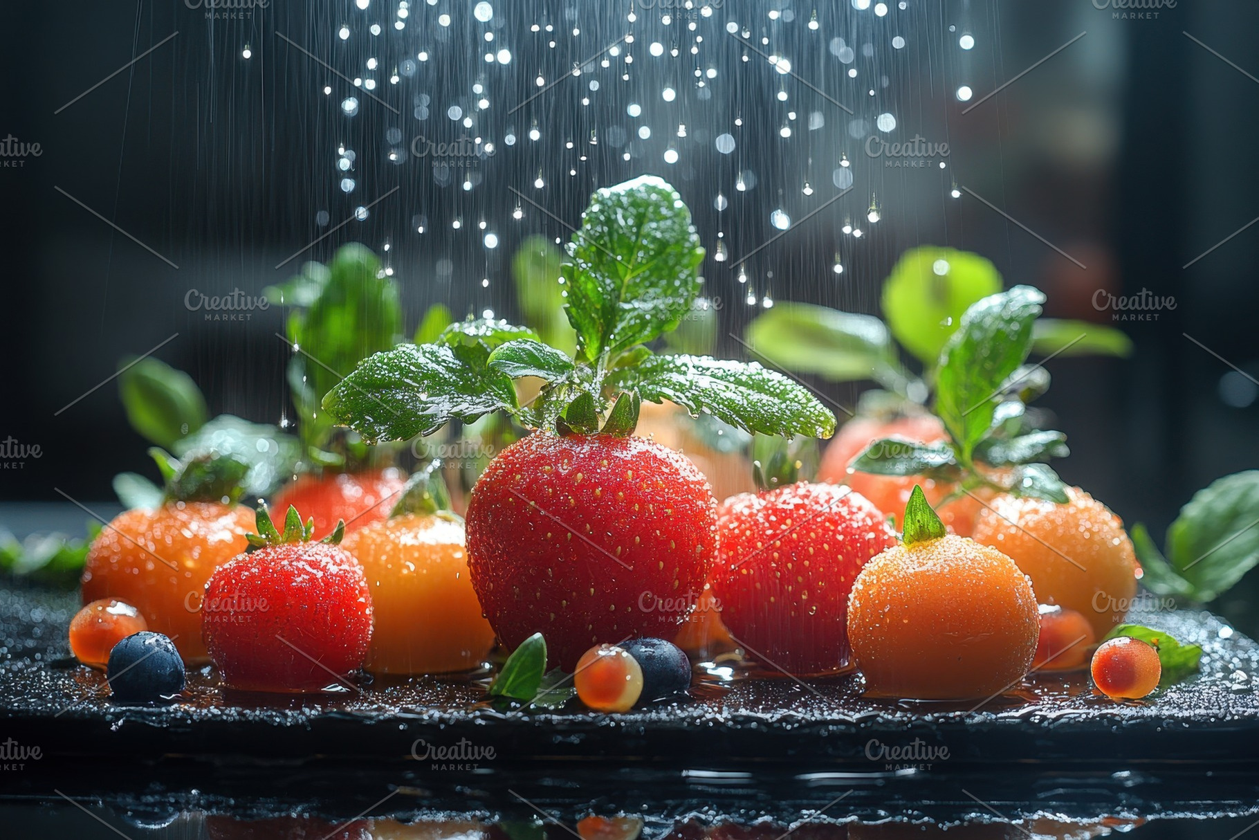Fresh fruits being washed with water, a Photo by Tanuart