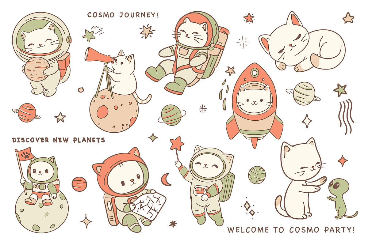 Kawaii Space Cats Bundle, an Animal Illustration by Mariia Kovalchuk (Photo 2 of 17)