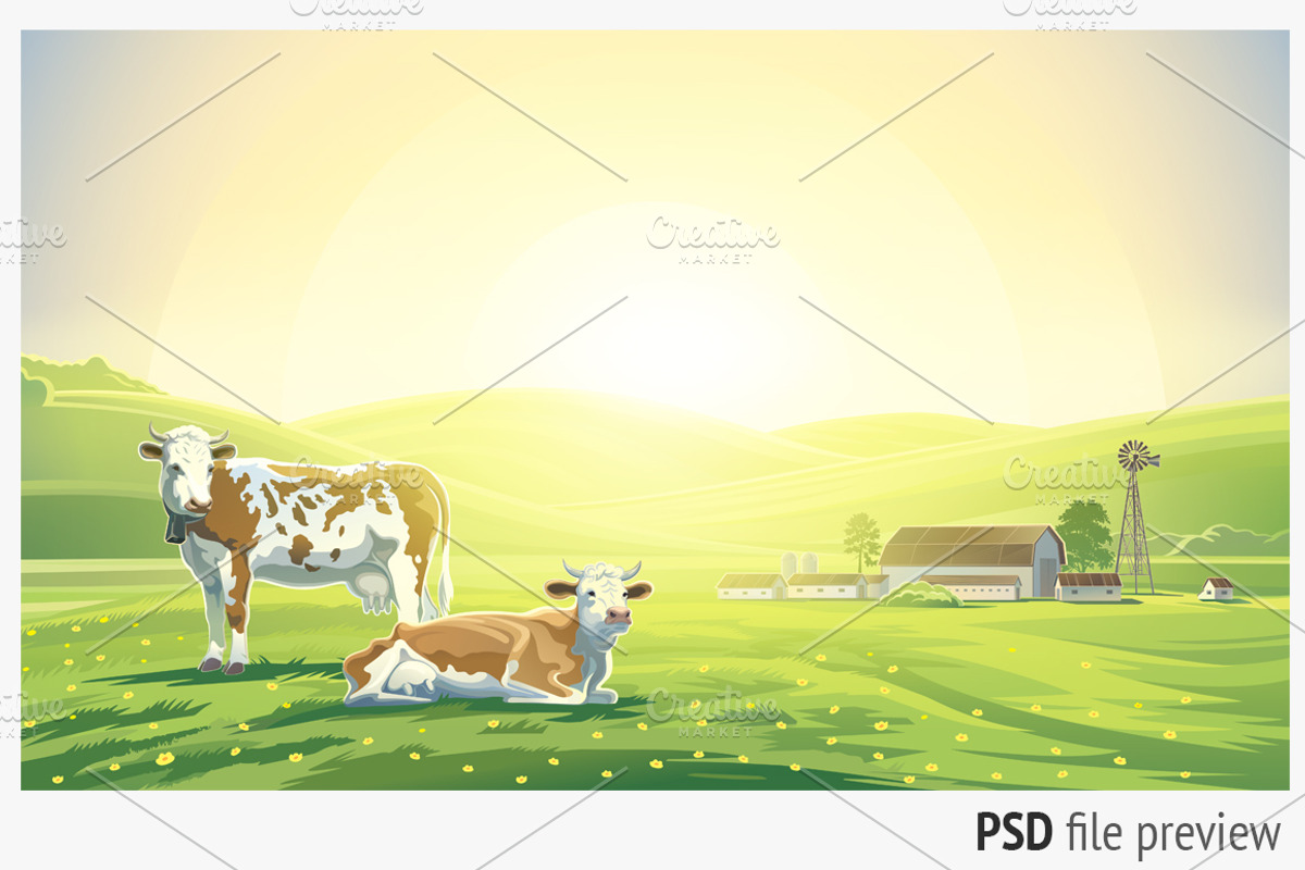Rural sunrise landscape with cows., an Animal Illustration by Countryside life (Photo 5 of 5)