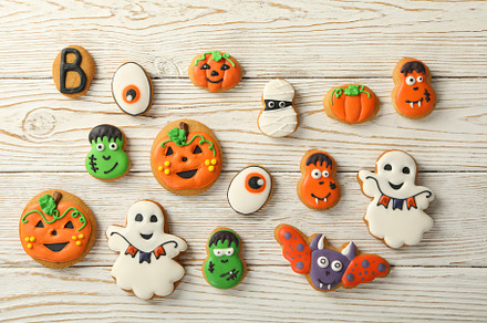 Concept of Halloween sweets, funny sweets, top view, a Food & Drink Photo by AtlasStudio PRO