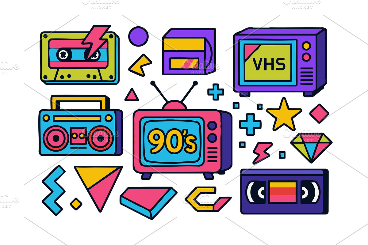 Colorful 90s Retro Icons with VHS, an Illustration by AlexArt
