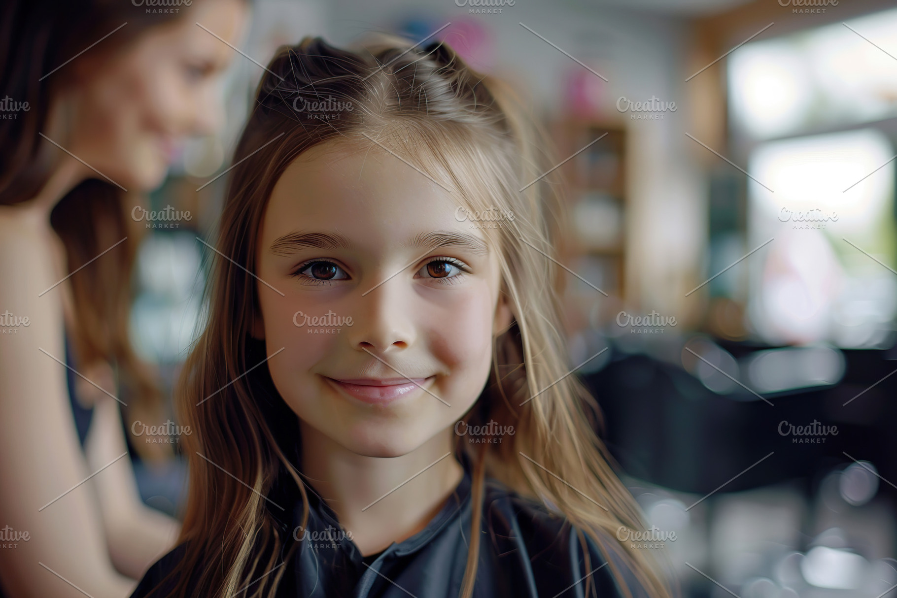 Hairdresser making hairstyle for young girl in beauty hair salon, a Photo by AlyaAnd