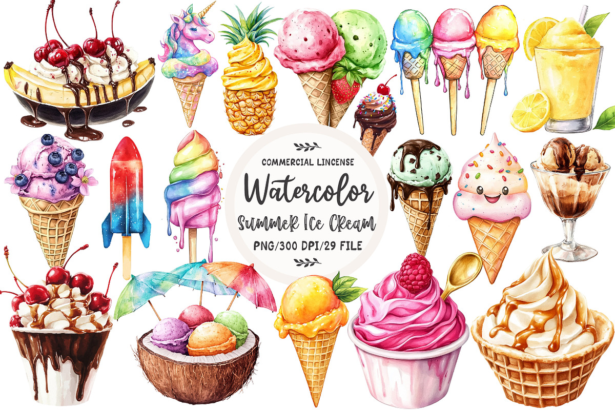 Watercolor Summer Ice Cream Clipart, an Illustration by OK Design (Photo 1 of 5)