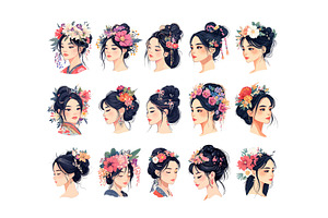 Asian woman avatars floral hair, an Object Illustration by Onyx