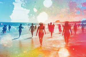 Beach Crowd Silhouettes Summer Ocean, a Photo by Pixeness Studio