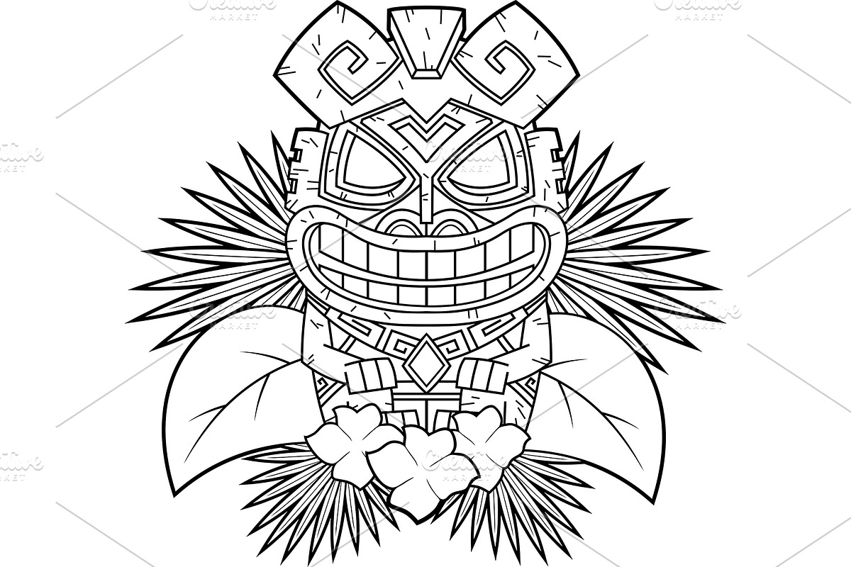 Black And White Smiling Tiki Mask, an Illustration by HitToon