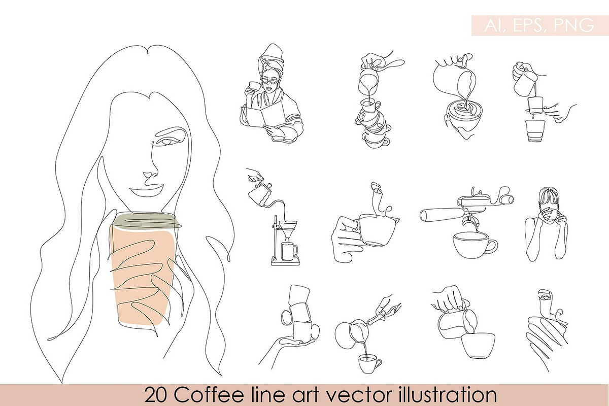 23 Coffee line art vector set, a Food Illustration by velychko.ua (Photo 3 of 3)