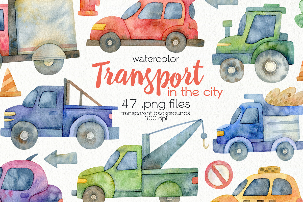 Watercolor Transport. City Streets., an Education Illustration by OllyKo Art (Photo 1 of 10)