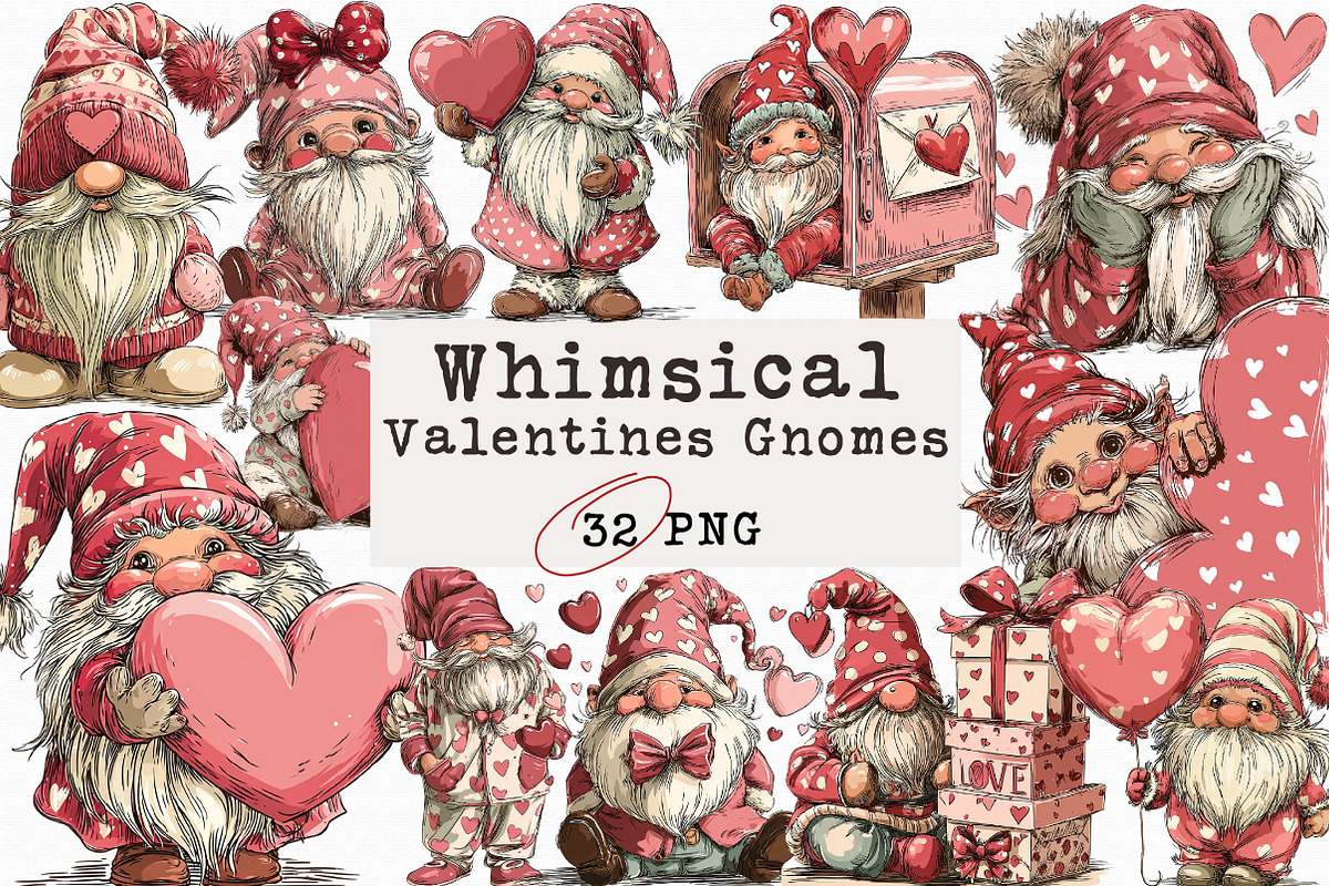 Whimsical Valentines Gnomes Clipart, an Illustration by Libby Wishes (Photo 1 of 6)