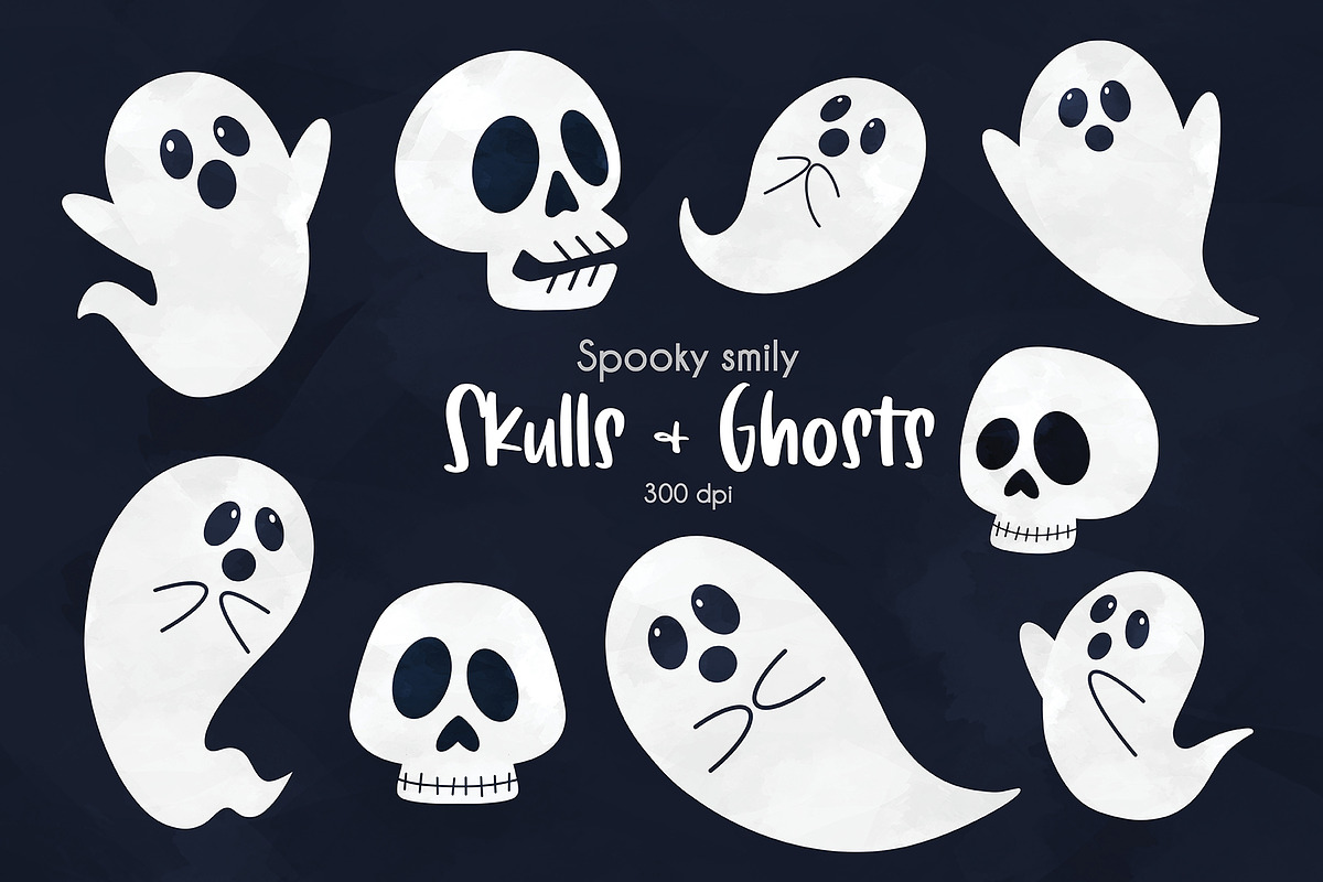 Halloween Ghosts & Skulls Clipart, an Illustration by SugarPickle Clip Art