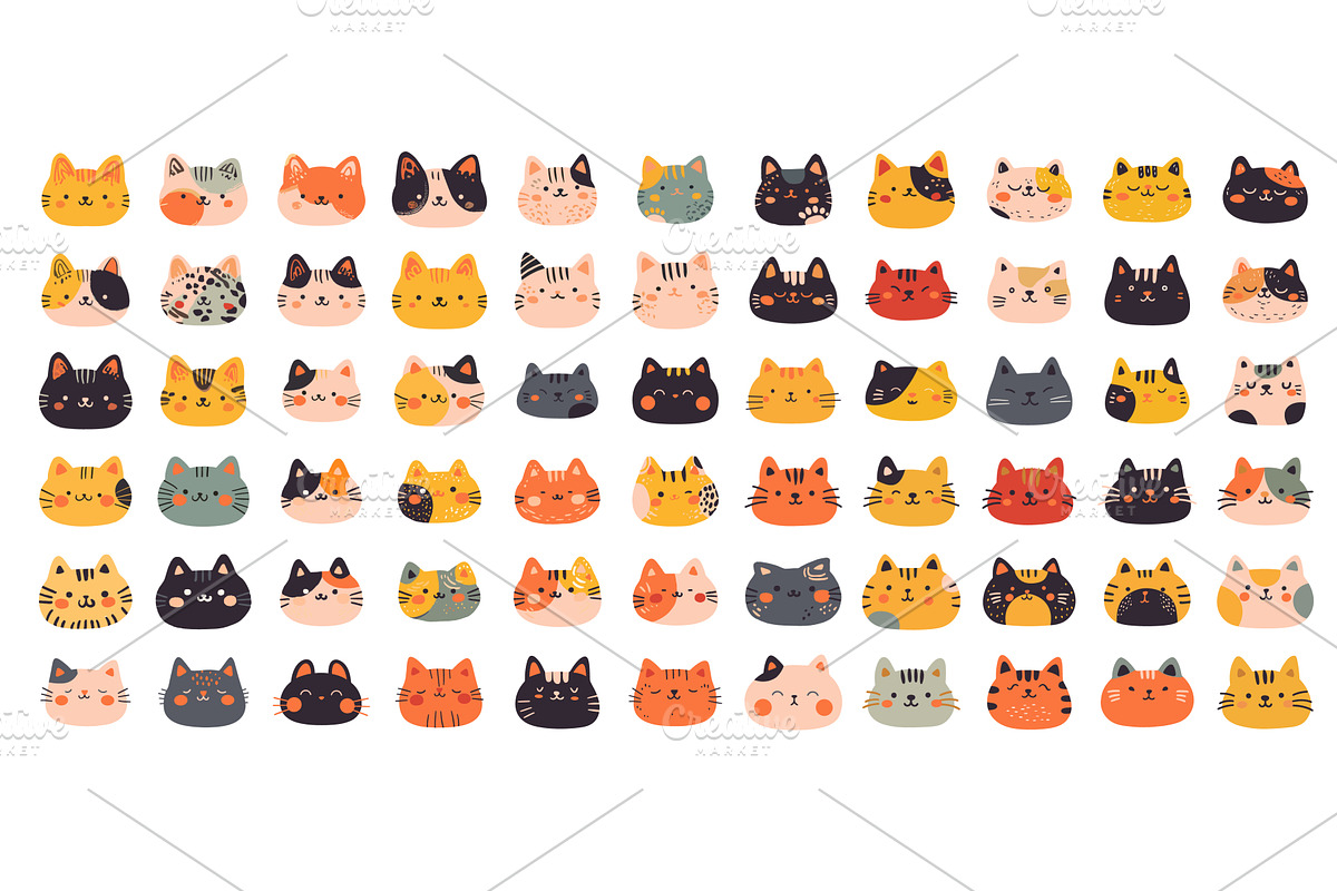 Flat cat face icon set. Cute kawaii, an Animal Illustration by Stock-Smart-Start
