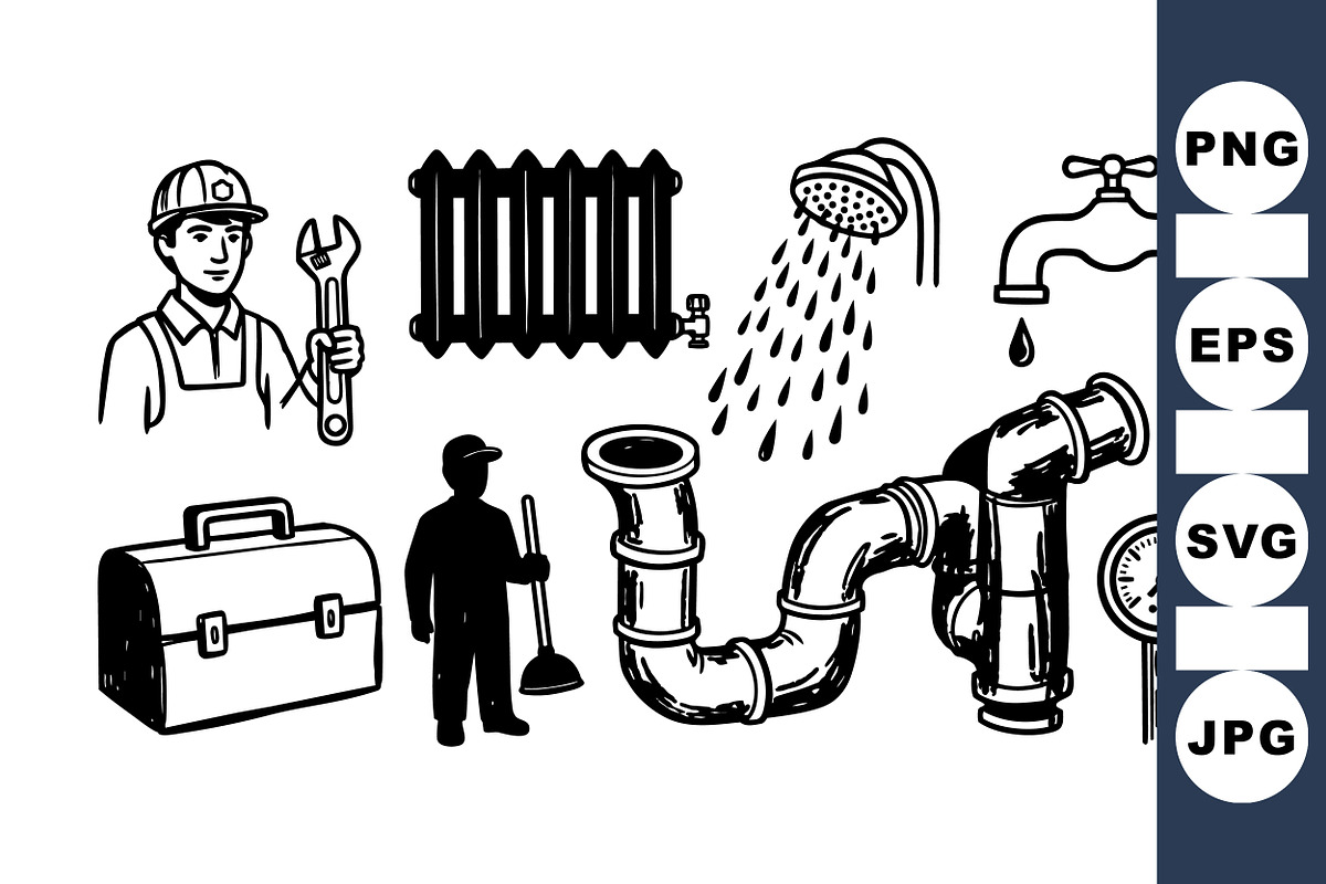 Classic Plumbing Tools Vector Set, an Illustration by designvectx (Photo 1 of 3)