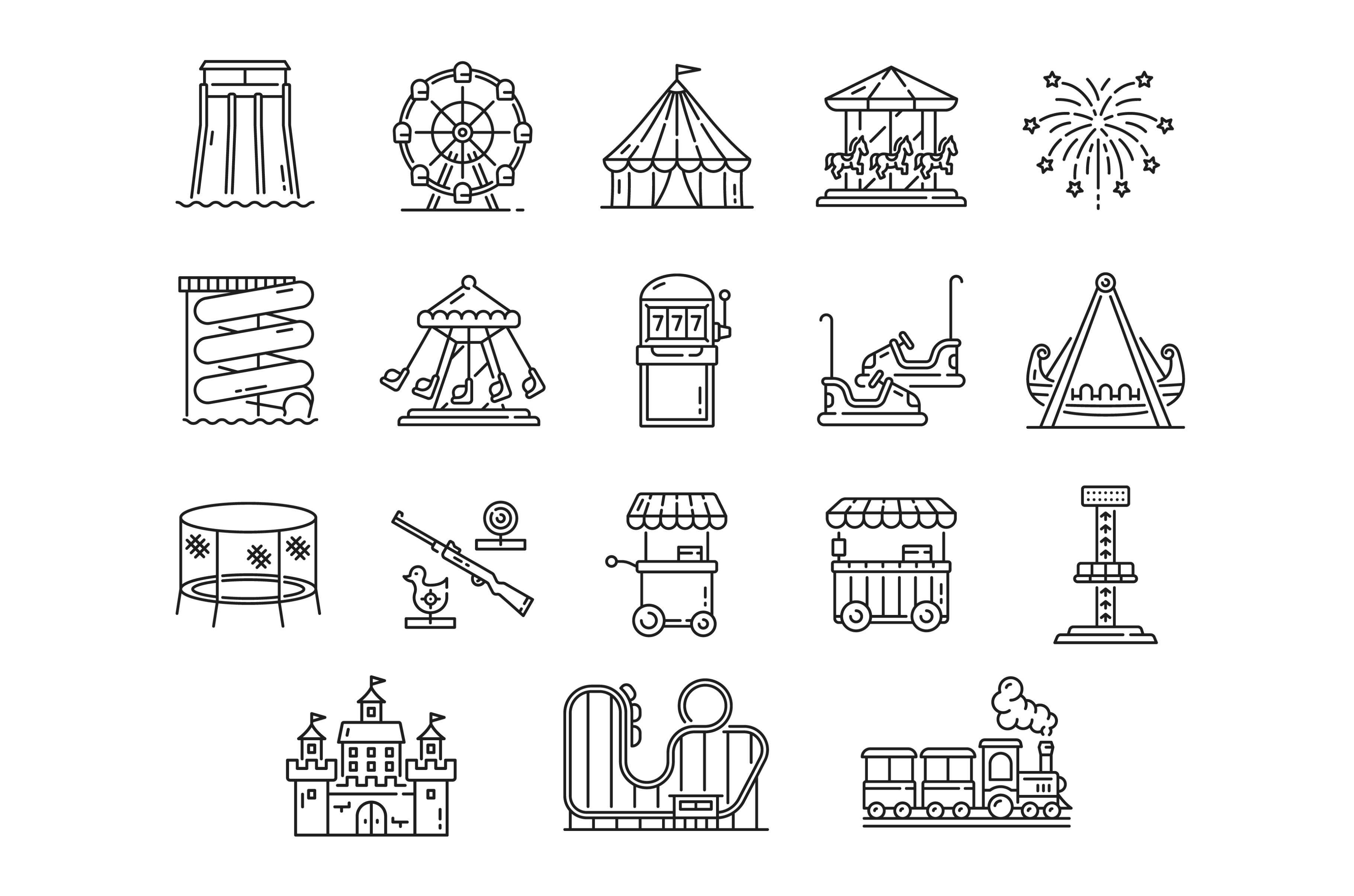 Amusement park, funfair icons, a Food Illustration by Vector Tradition