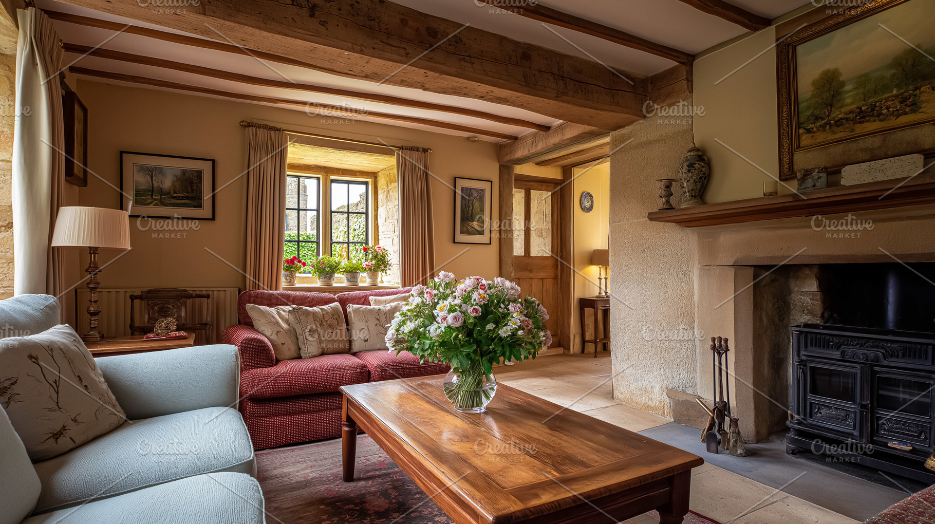 Cozy rustic living room with exposed wooden beams, a traditional fireplace, and, an Architecture Photo by Studio ANNA