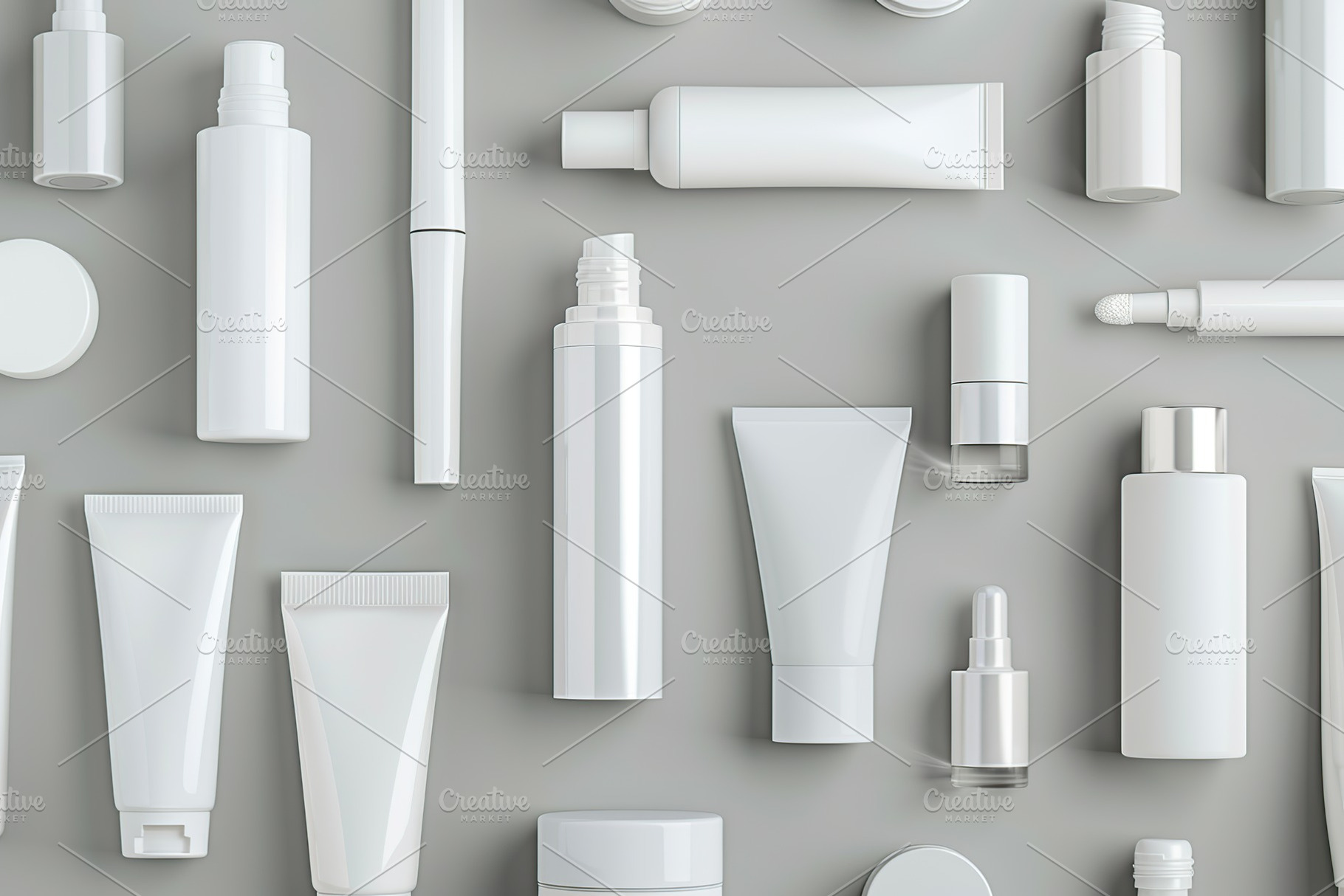 Blank cosmetic containers on grey background, a Photo by AlyaAnd