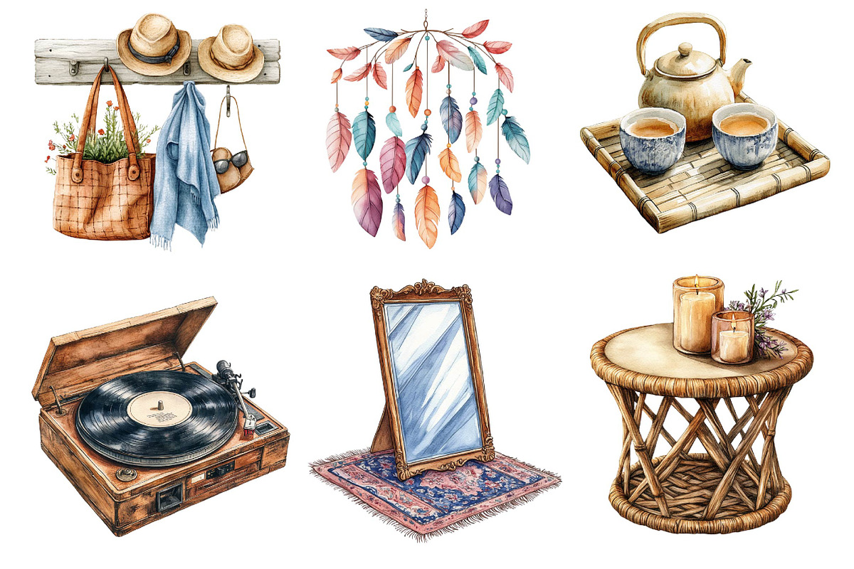 Watercolor Boho Interior Clipart, an Illustration by Dream Creation (Photo 6 of 7)