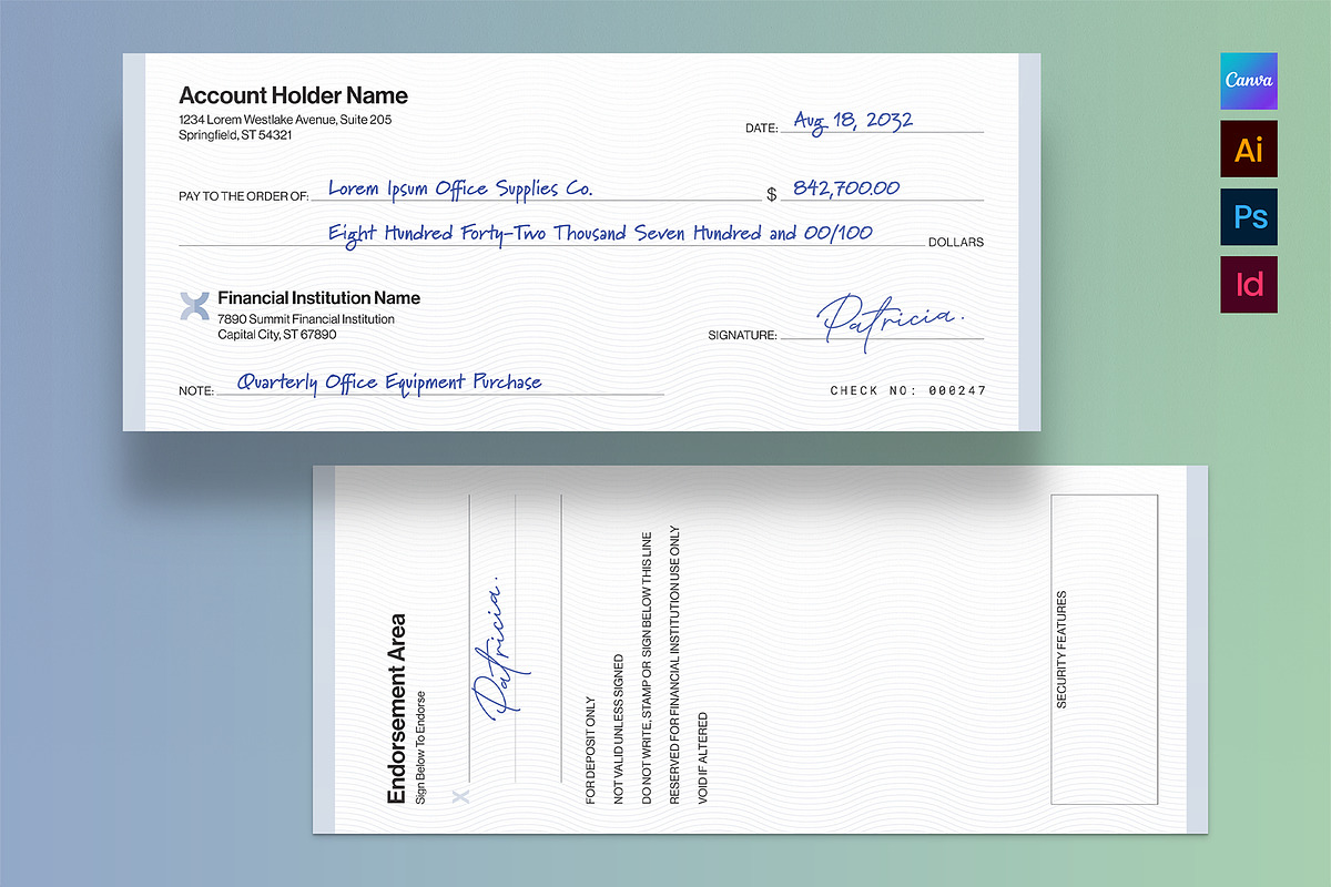 Blank Cheque / Check Template, a Stationery Template by BrandPacks (Photo 6 of 6)