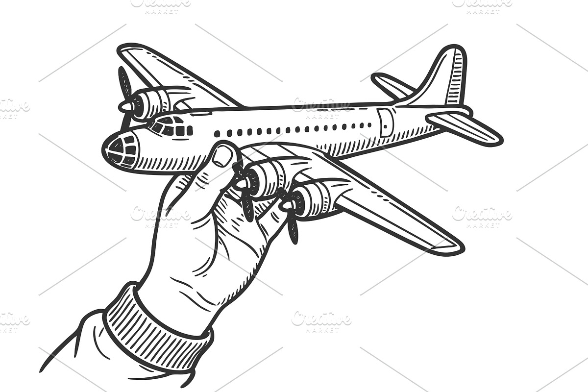 Child plays with bomber aircraft, an Illustration by AlexArt