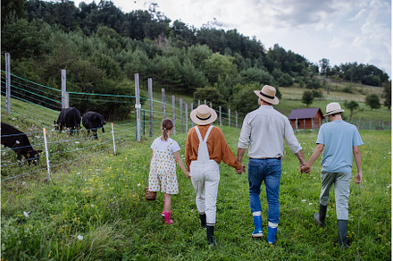 Rear view of farmer family walking, an Animal Photo by HalfPoint