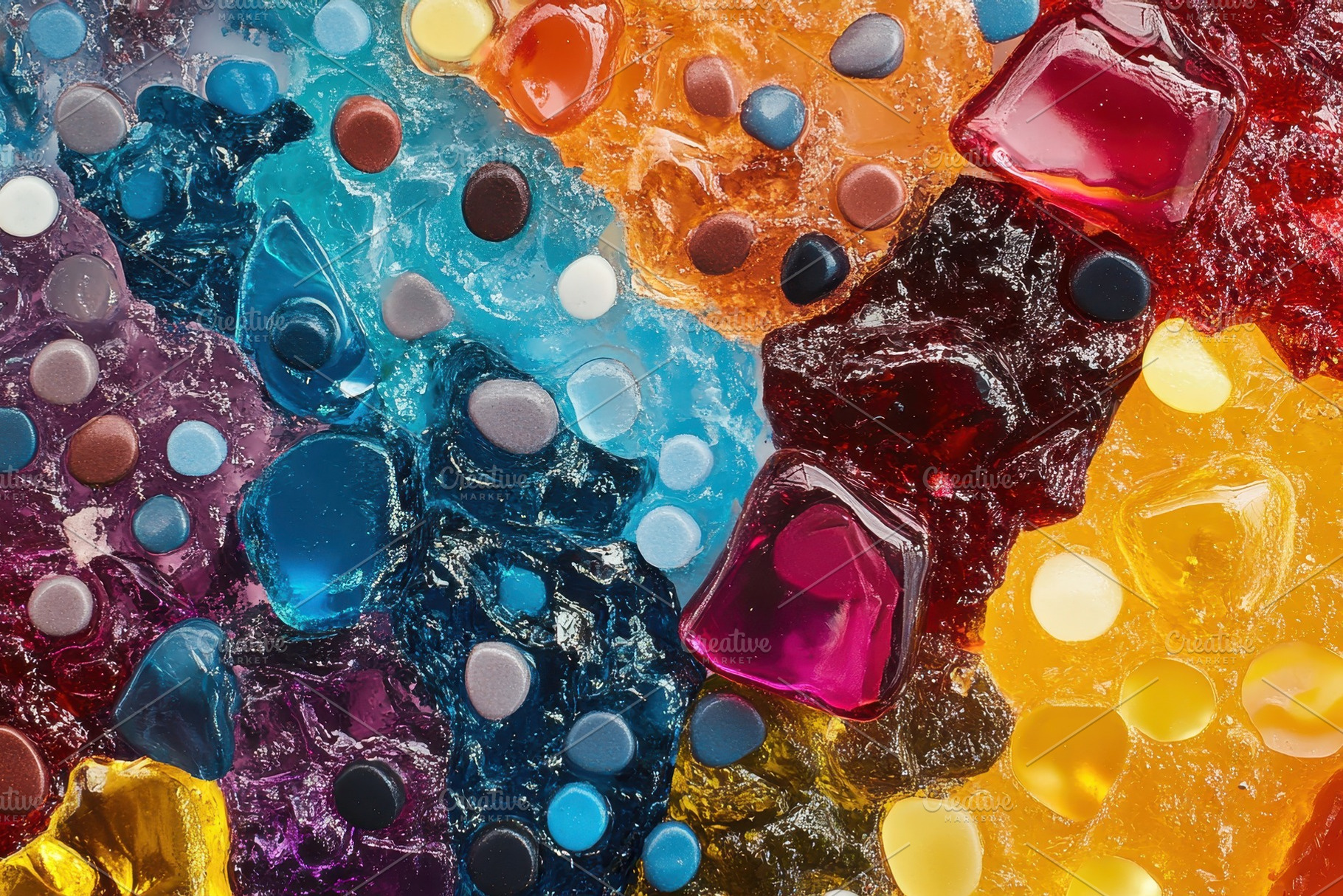 Colorful gelatin and chocolate piece, a Photo by Pavel_design