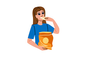 Young woman enjoying potato chips, an Illustration by pikepicture