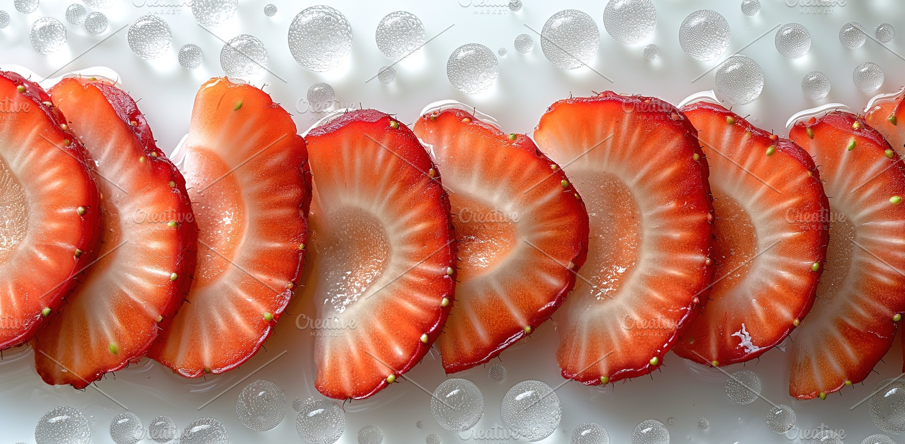 A vibrant arrangement of fresh strawberry slices glistening on a white surface,, a Background Photo by ImageMir