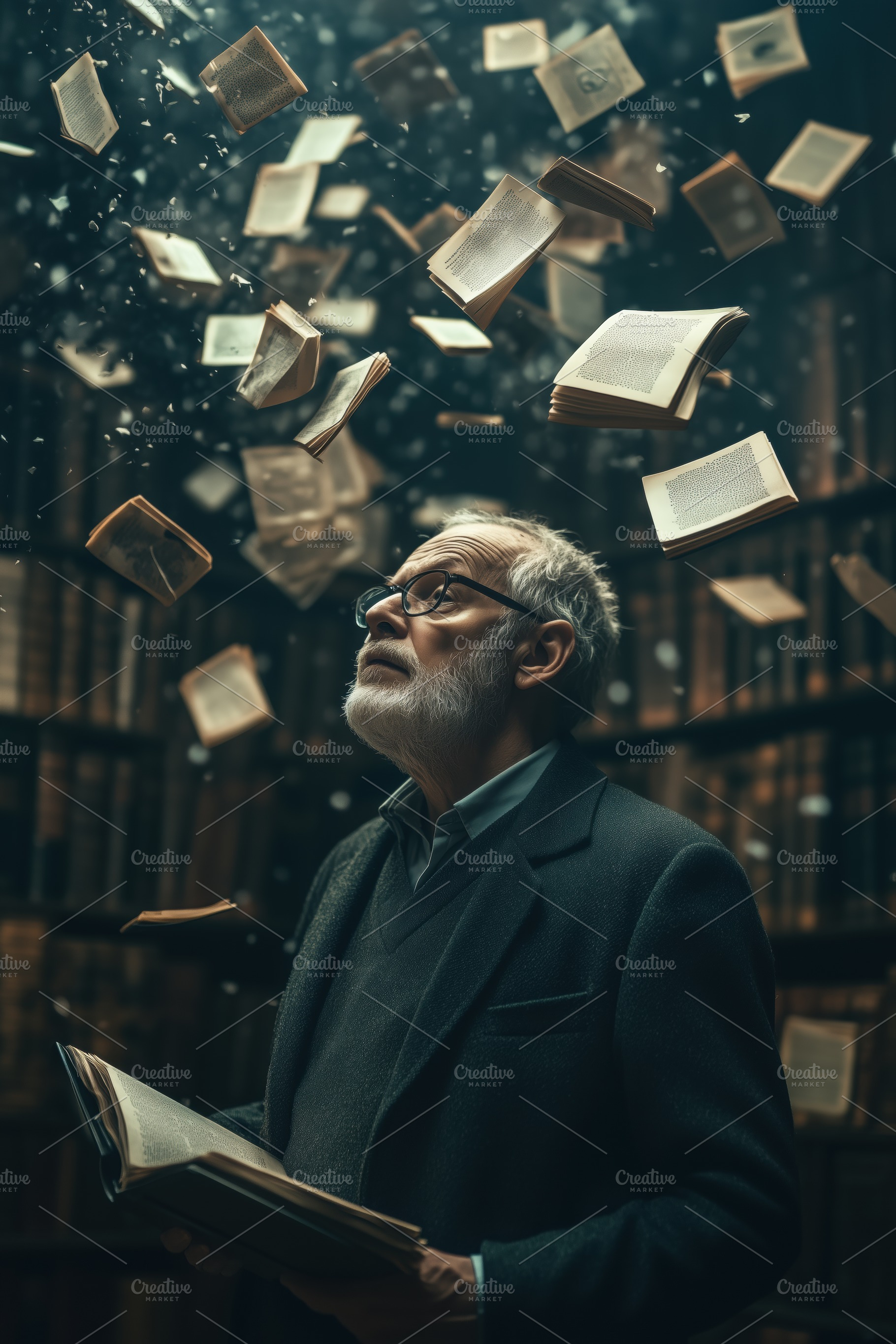 An elderly psycholinguist man with glasses stands in a library, gazing upwards, a Person Photo by Textures & Backgrounds