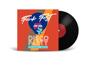 Realistic Vinyl Record with Cover Mockup. Disco party. Retro design. Front view.