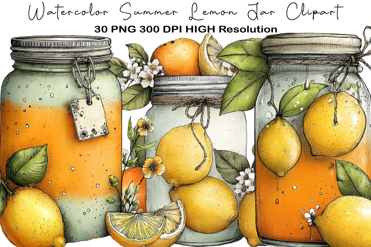 Watercolor Summer Lemon Jar Clipart, an Illustration by Black Bird Studio (Photo 1 of 5)