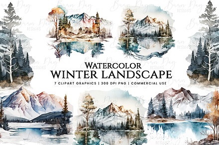 Watercolor Winter Mountain Landscape, an Object Illustration by BusyDaydesign