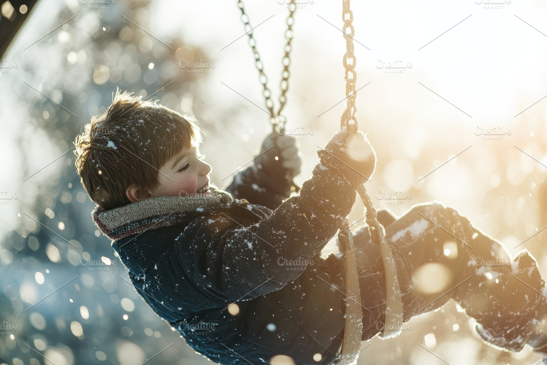 Boy swings joyfully on a warm winter, a Photo by Pavel_design