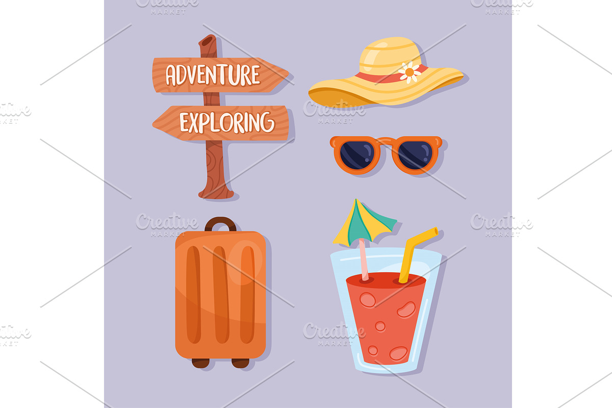 five travel vacations icons, an Object Illustration by studiogstock