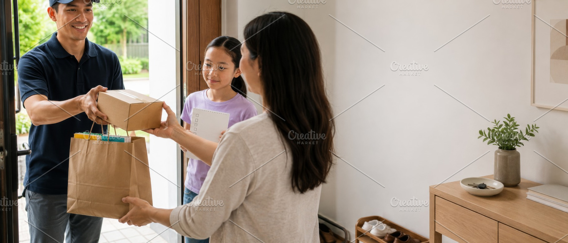 Family receiving package delivery at, a Photo by Dvoevnore photos
