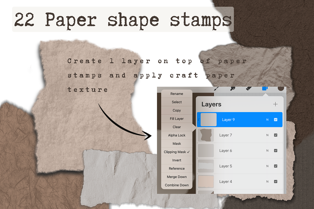 Procreate craft paper and stamps, a Brush Add-On by ProcreateiBox