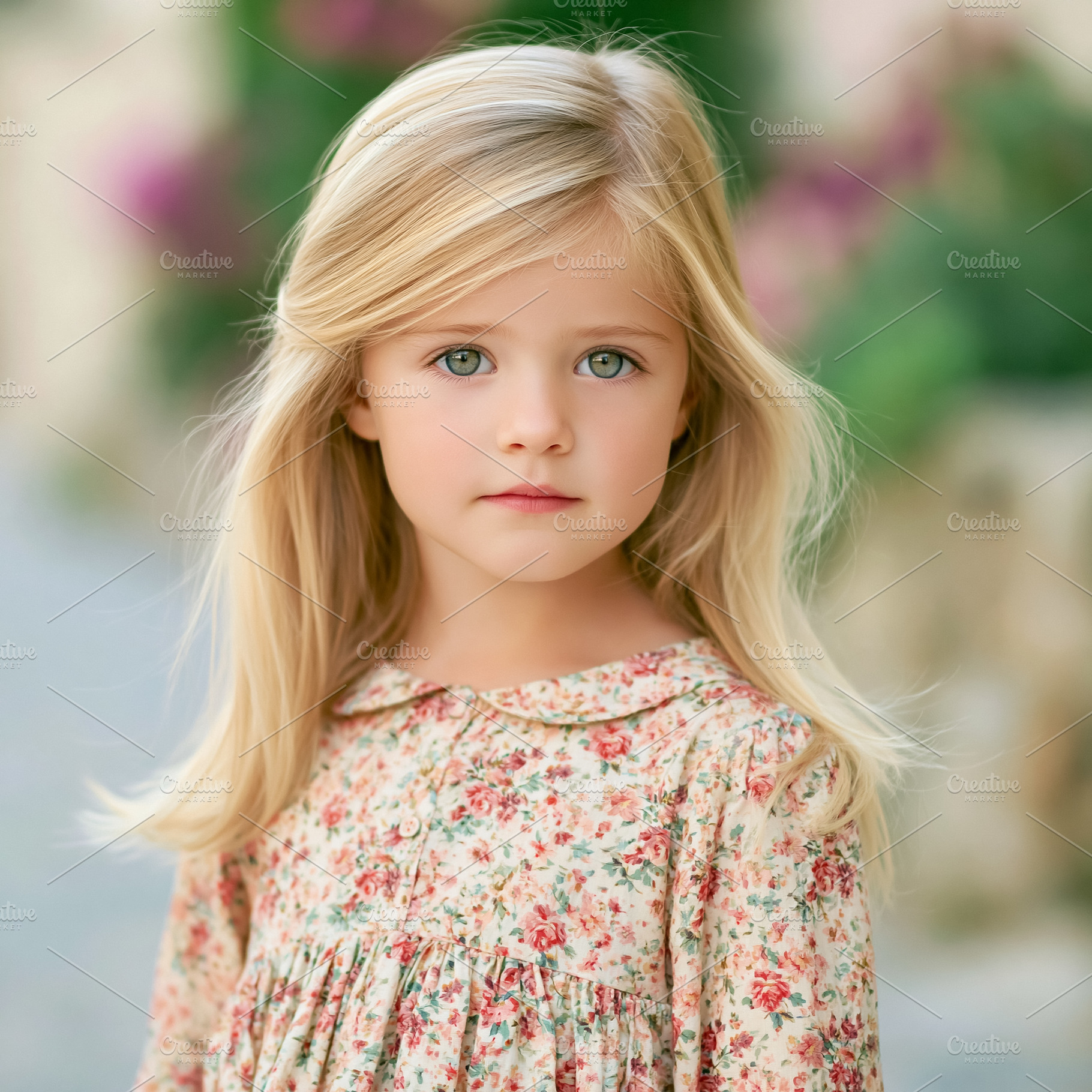 Young blonde girl with blue eyes wearing a floral dress, portray, a Person Photo by Studio ANNA