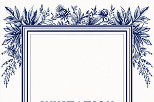 Botanical invitation card with a double lined frame and a dark blue illustratio, an Illustration by Studio ANNA