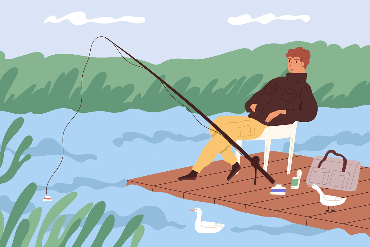 Man fishing on dock in nature, a Person Illustration by Good Studio (Photo 1 of 3)