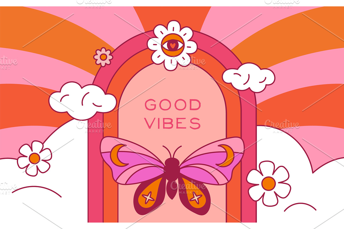 Psychedelic hippie card. Good vibes, an Illustration by Vectorbuum