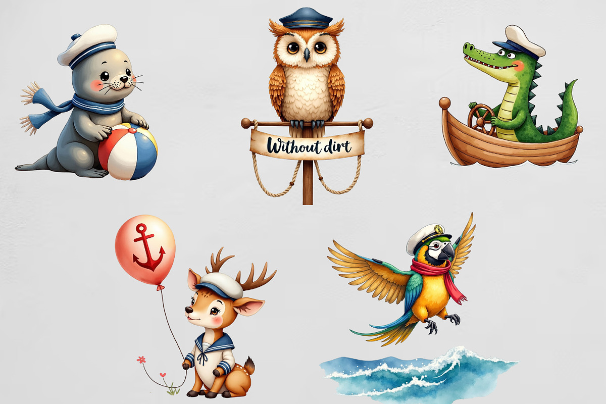 Watercolor Cute Sailor Animal Clipar, an Illustration by CrexoraLab (Photo 3 of 4)