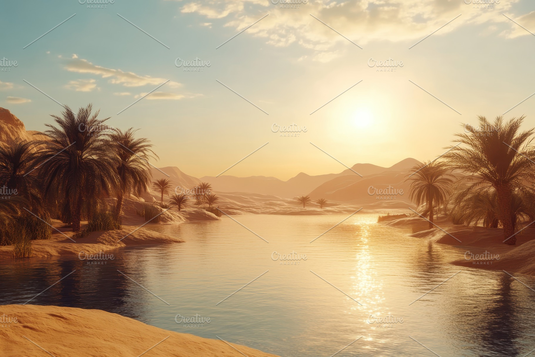 Oasis surrounded by palm trees under, a Photo by Iftikhar Alam